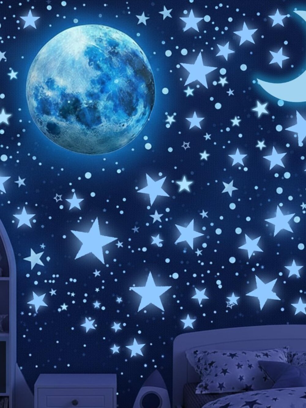 Glow in the Dark Stars for Ceiling, 1050 Pcs with Moons & E-Book Blue